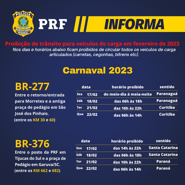 BRs 376 e 277 contarão com proibição de cargas pesadas durante a operação Carnaval no Paraná